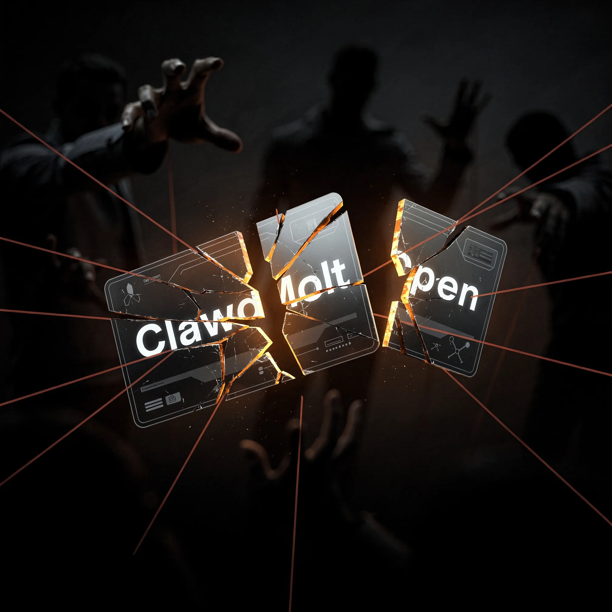 Shattered ID cards with names Clawd, Molt, and Open fragmenting in mid-air with golden energy, the identity crisis of viral renaming