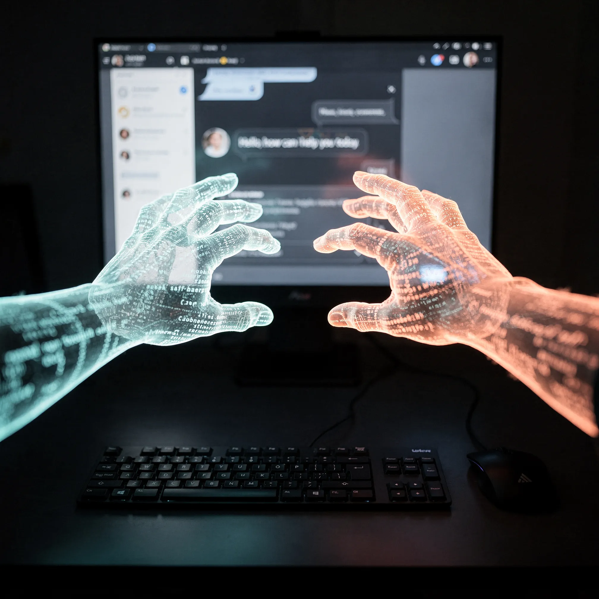 Holographic translucent hands reaching toward a glowing computer screen, the transition from conversation to action