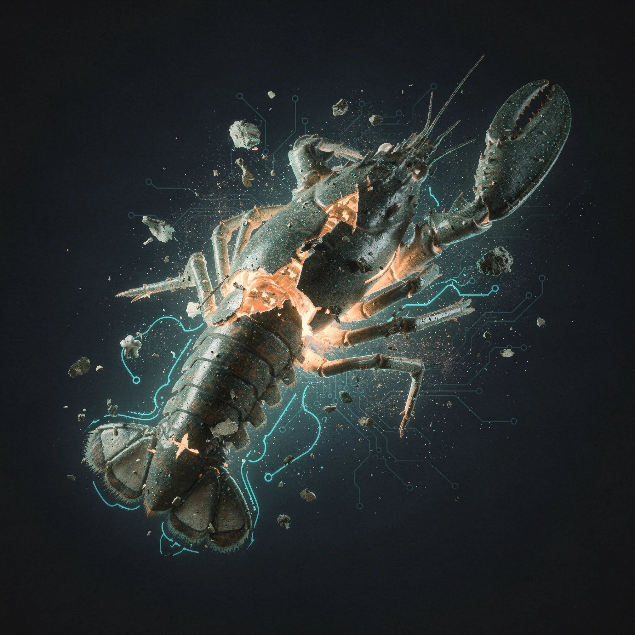 A molting lobster with glowing circuit traces emerging from cracked shell segments, digital transformation metaphor