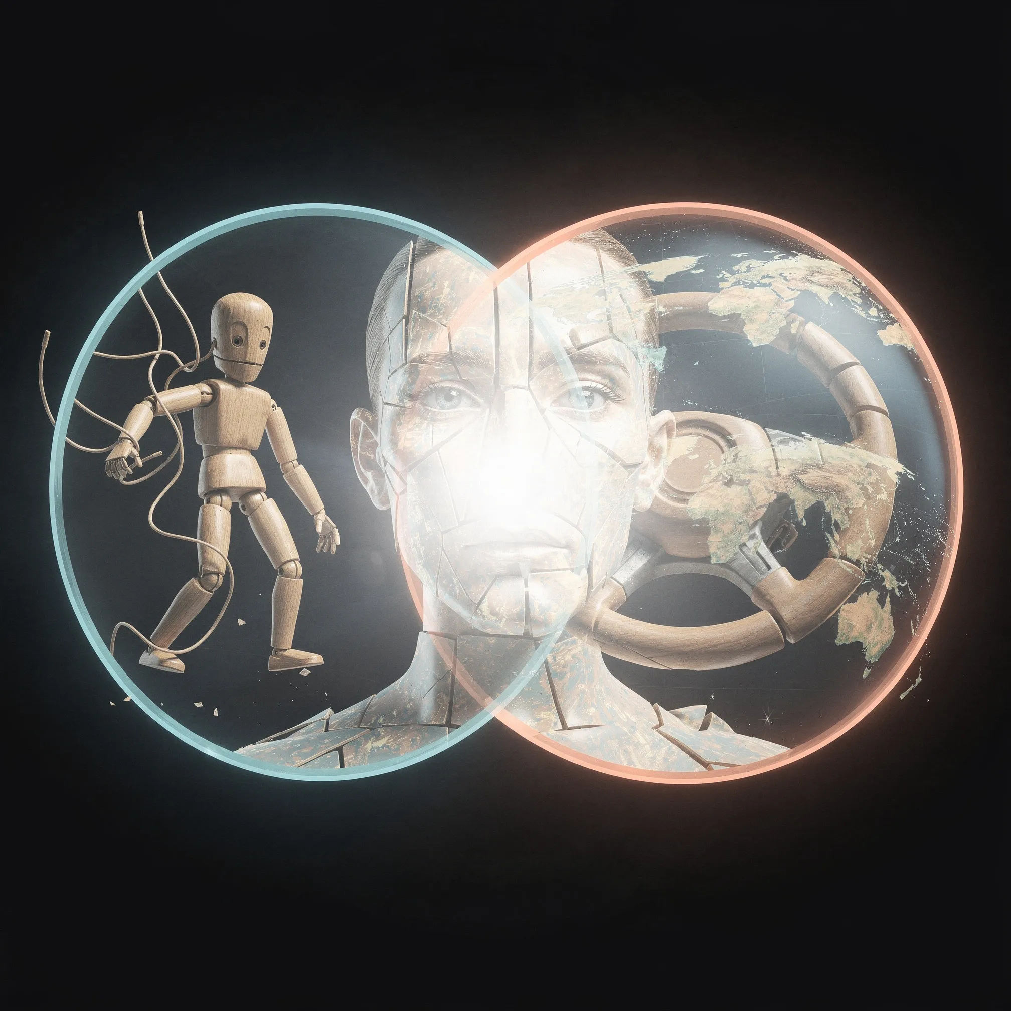A Venn diagram with puppet strings, human face, and steering wheel representing autonomy, identity, and control anxieties